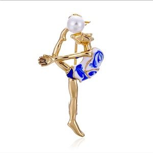 Fun Blue, Black, & Gold & Faux Pearl Rhythmic Gymnastics Sports Brooch Pin